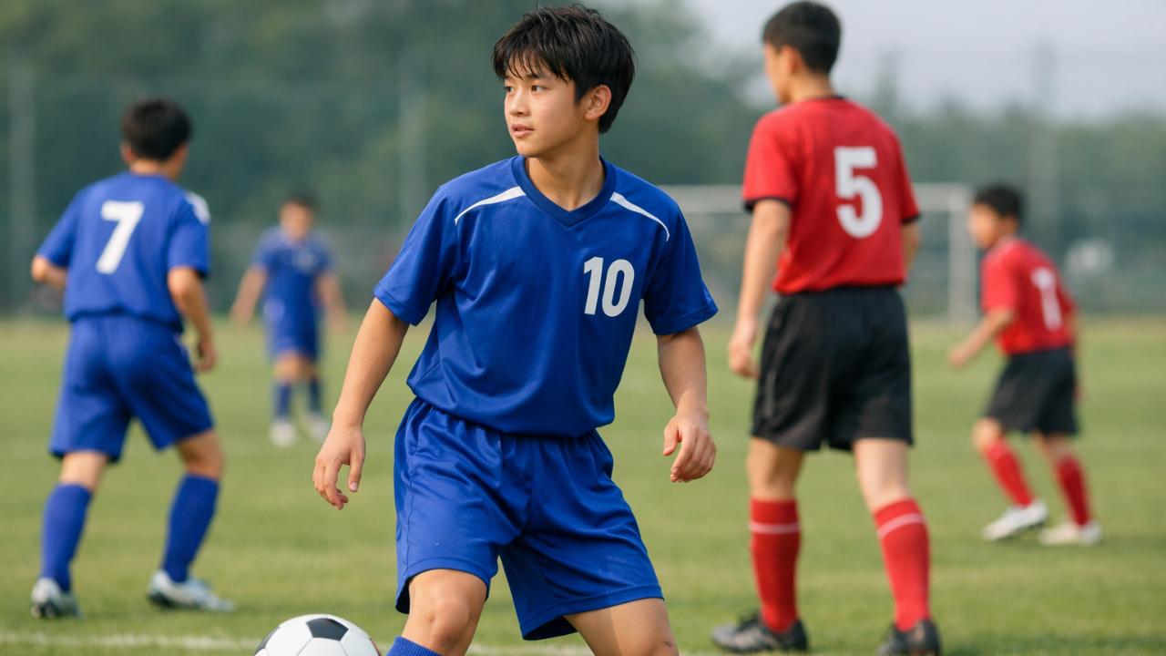 中学生の男子サッカー選手が試合中に周囲を見ながら次のプレーを判断している瞬間