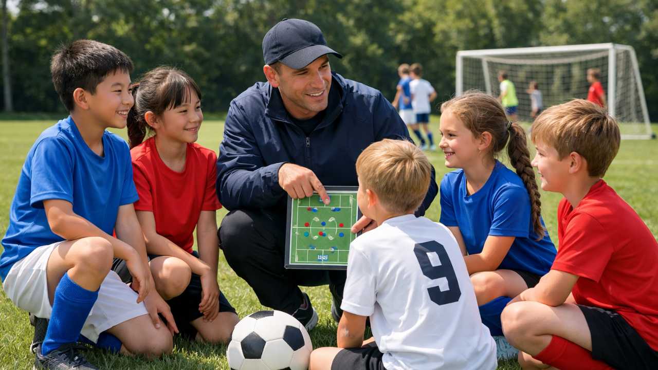 小学生年代の男女混合でも違和感のない子どもたちが、芝生のグラウンドでプレーしている