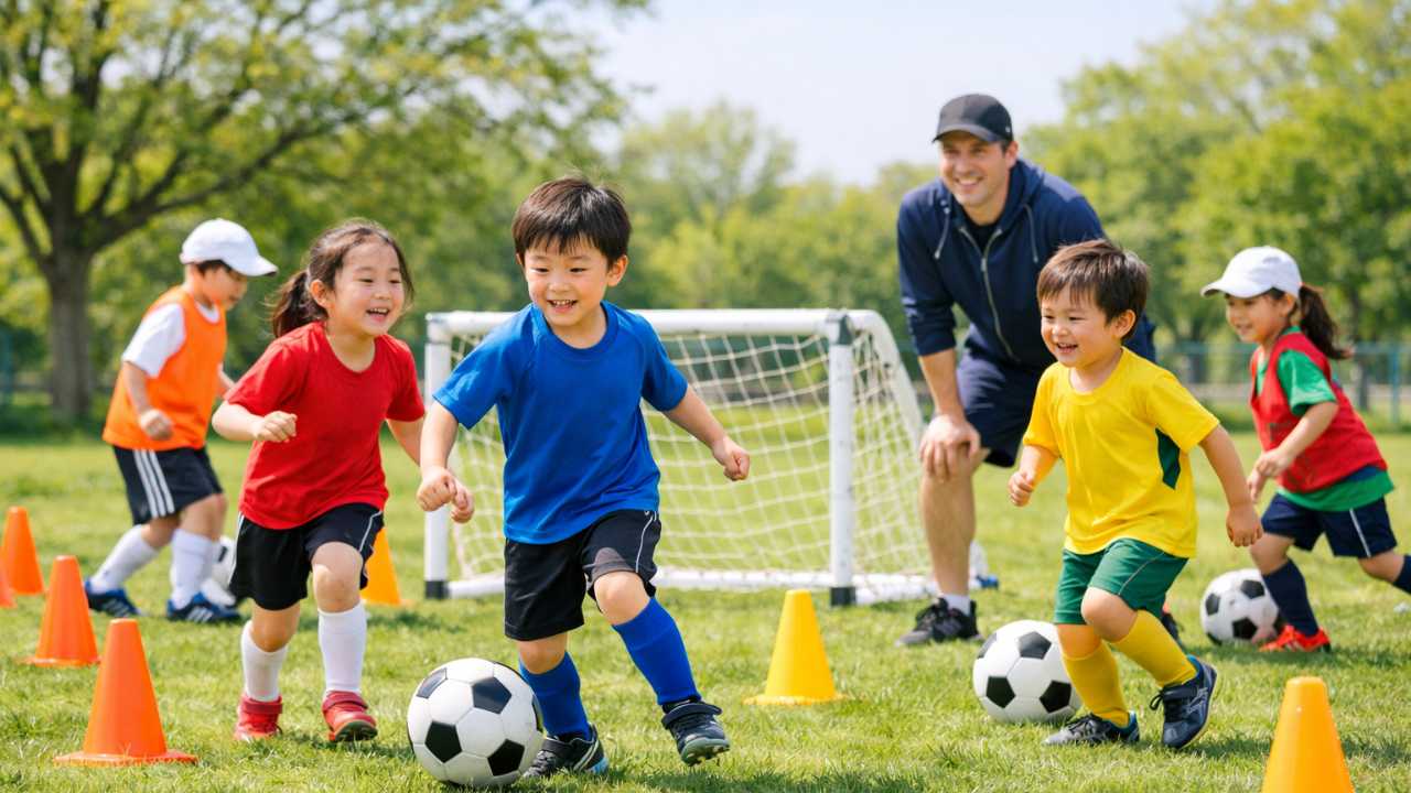 小学1年生くらいの子どもたちがミニゴールとコーンを使って笑顔で練習している様子