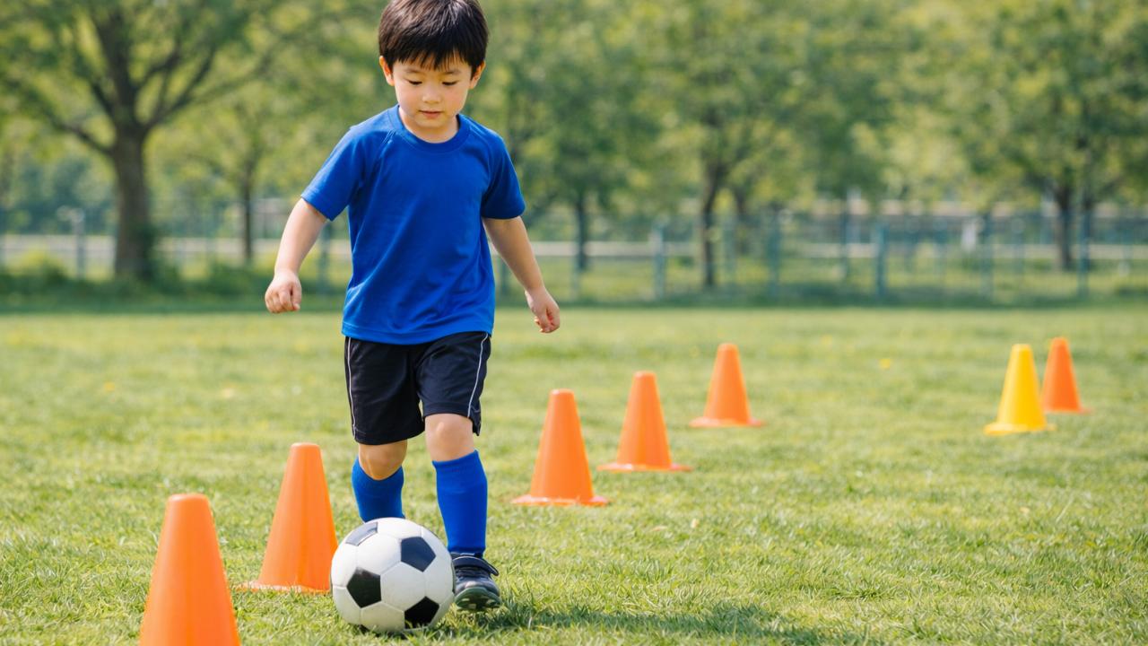 小学1年生の子どもがコーンの間をゆっくりドリブルしている練習風景