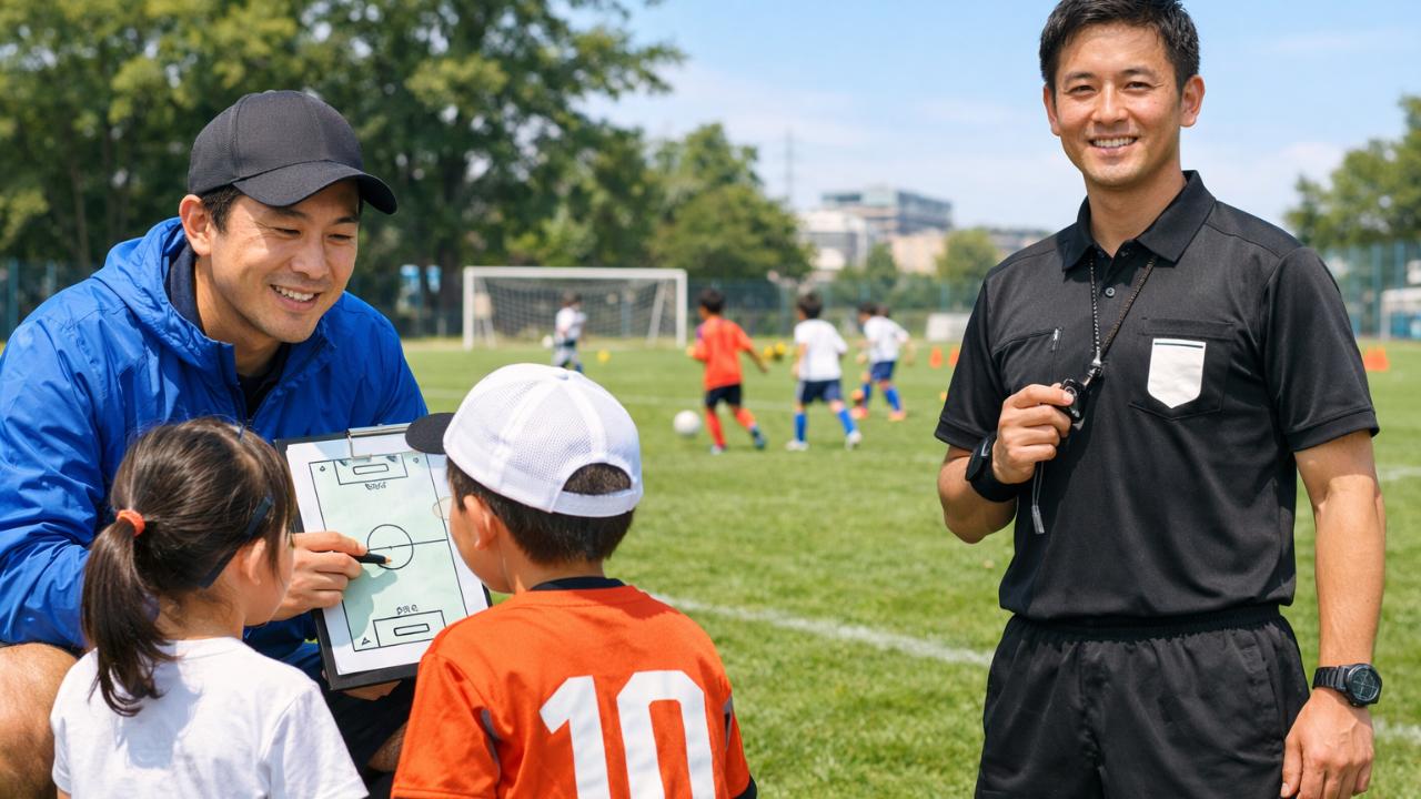 日本のサッカーライセンス取得をテーマにした横長ビジュアル。グラウンド脇でコーチが子どもに指導し、別の位置で審判が笛を持って立っている。