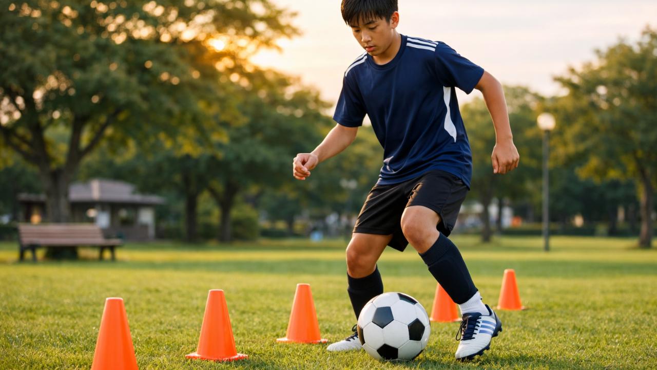 サッカーの自主練習をする中学生の選手が、夕方の公園でコーンを使ってドリブル練習をしている