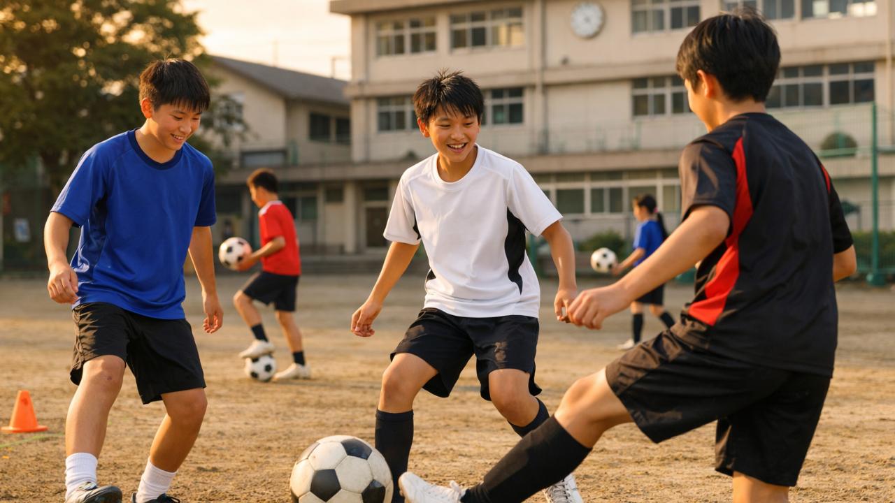 放課後の中学校グラウンドで、制服ではなく練習着を着た中学生サッカー選手たちが、明るい表情でボールタッチとパス練習をしている様子